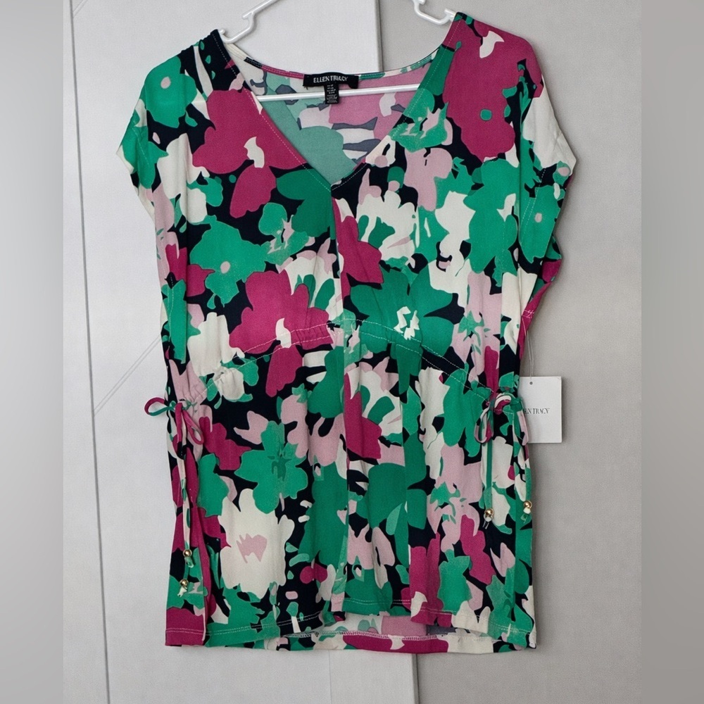 Ellen Tracy NWT Floral V-Neck Blouse Medium Tie Waist Pink Green